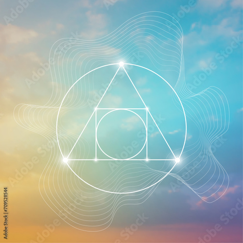 Philosopher stone. Sacred geometry spiritual new age futuristic illustration with interlocking circles, triangles and particles