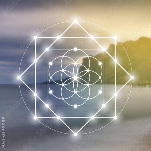 Flower of life. Tree of life. Sacred geometry spiritual new age futuristic illustration with interlocking circles, triangles and particles