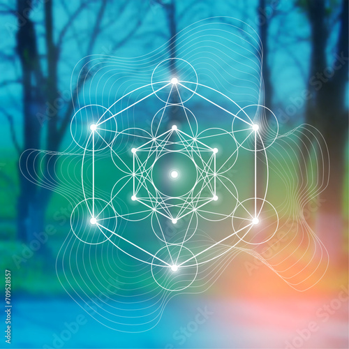 Merkabah. Sacred geometry spiritual new age futuristic illustration with interlocking circles, triangles and particles.