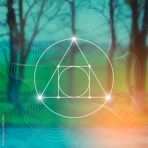 Philosopher stone. Sacred geometry spiritual new age futuristic illustration with interlocking circles, triangles and particles