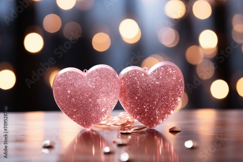 Two hearts on pink glitter in shiny background. Happy Valentine s day
