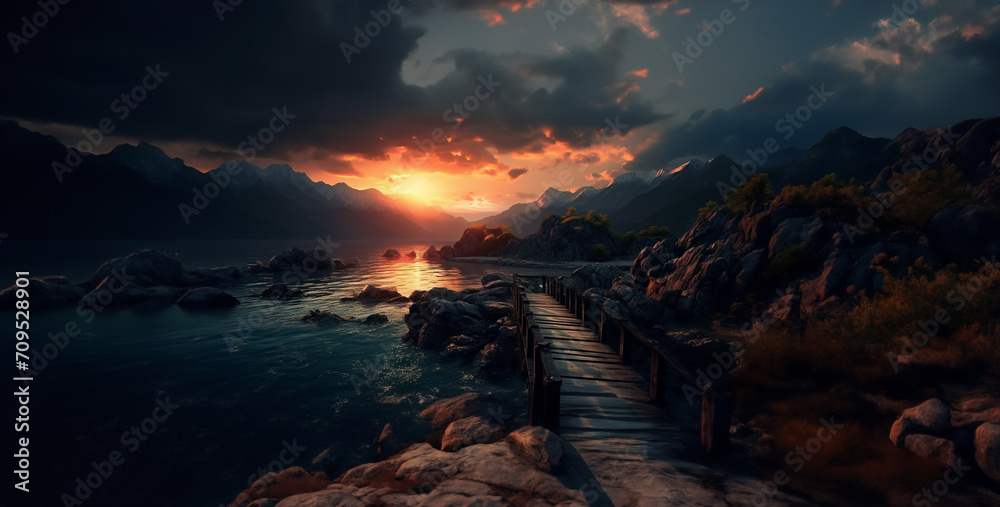 sunrise over the mountains, bridge at night, a bridge water in the background mountain