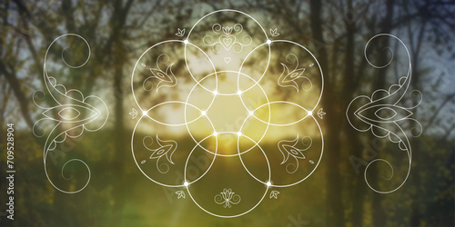 Flower of life. Tree of life. Sacred geometry spiritual new age futuristic illustration with interlocking circles, triangles and particles