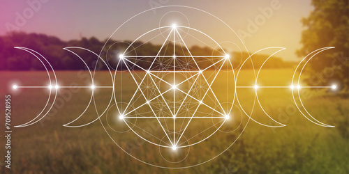 Merkabah. Sacred geometry spiritual new age futuristic illustration with interlocking circles, triangles and particles. photo