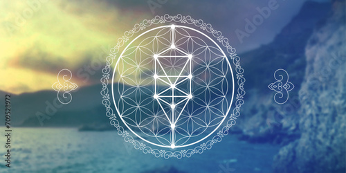 Flower of life. Tree of life. Sacred geometry spiritual new age futuristic illustration with interlocking circles, triangles and particles photo