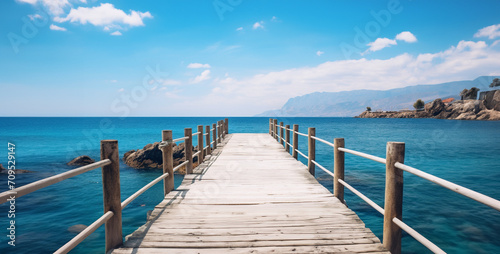 wooden pier in the sea, a photo shows a pier and in the beach background a view