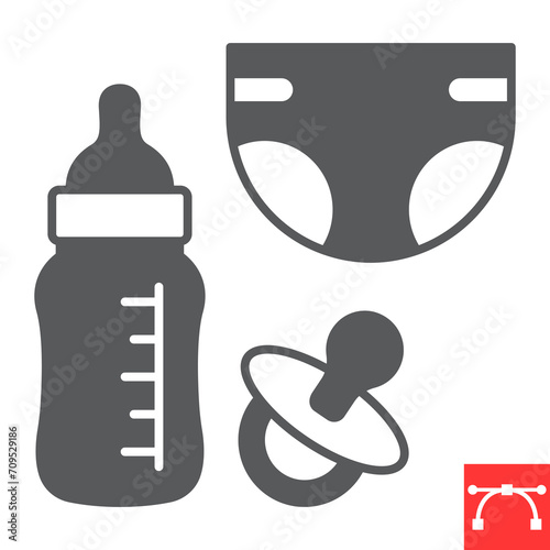 Baby products glyph icon, grocery store and newborn, baby bottle with diaper and nipple vector icon, vector graphics, editable stroke solid sign, eps 10.