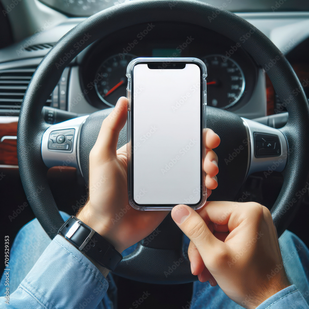 Driver holding phone transparent in hand with white screen on steering wheel background. ai generative Driver holding phone transparent in hand with white screen on steering wheel background. ai generative