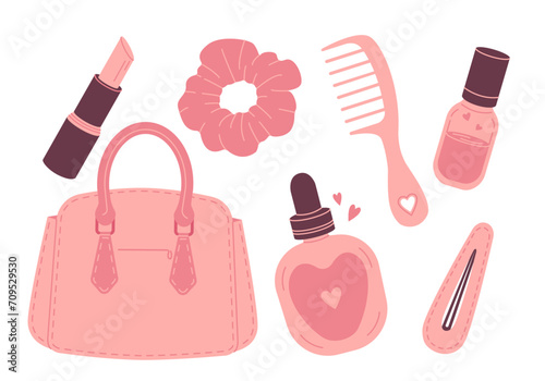 Women's accessories set in pink color. Handbag items collection. comb, elastic band, hairpin, lipstick, cosmetics.