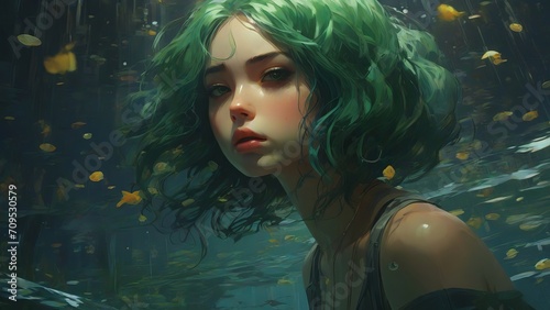 Young Girl with Green Hair Underwater, Surrounded by Small Yellow Fish and Illuminated by Sunlight Rays