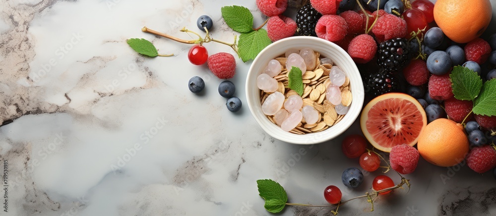 Healthy breakfast and fruits - health and diet concept, coffee photo background, top view Healthy breakfast and fruits - health and diet concept, coffee photo background, top view