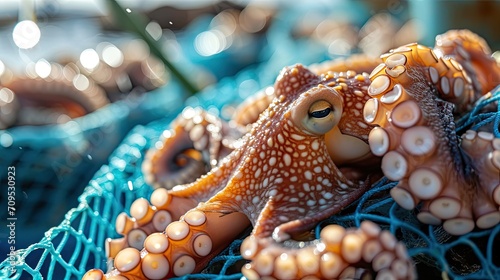 many brown octopus was brought to the sun on the blue net placed on bamboo
