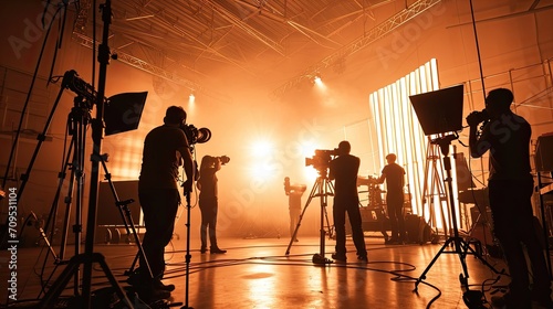 Silhouette images of video production behind the scenes. making of TV commercial movie that film crew team lightman and cameraman working together with film director in studio. film production concept photo