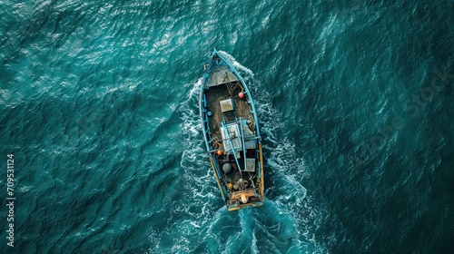 Small Fishing Boat catch fish, aerial Top View from drone. Industrial commercial fishing