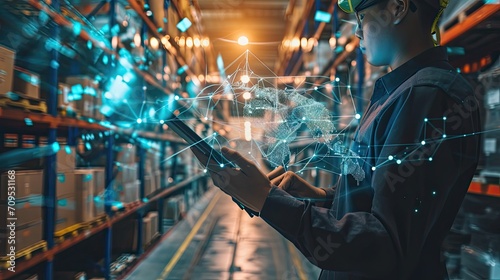 Smart Logistics Global Business and Warehouse Technology Management System Concept, Businessman using tablet control delivery network distribution import export, Double exposure future