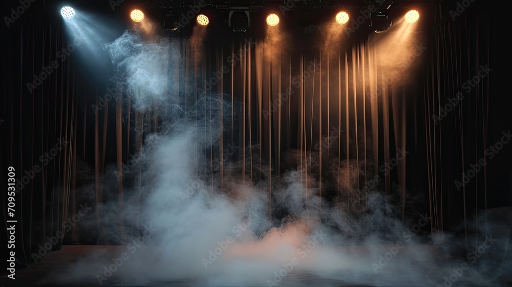 Obraz premium theater spot lights on black curtain with smoke