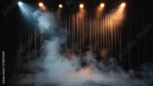 theater spot lights on black curtain with smoke