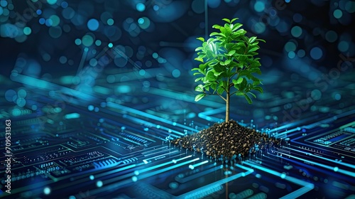 Tree with soil growing on the converging point of computer circuit board. Blue light and wireframe network background. Green Computing, Green Technology, photo