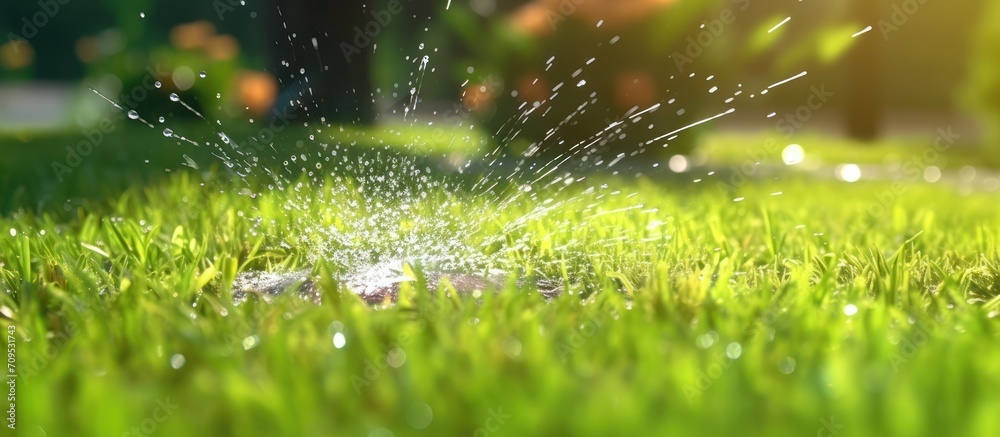 Automatic lawn sprinkler, watering green grass - obrazy, fototapety, plakaty 