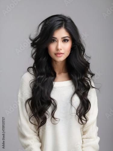 Portrait of beautiful women, long black hair, tshirt model posing in white background, 