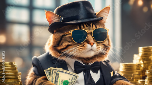 Cool rich gangster boss cat hipster with sunglasses, hat, headphones, gold chain and money dollars. Business, finance, creative idea. Crypto investor cat is holding a lot of money. Winning, concept