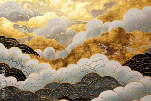 金色の雲海壁紙 雲と波の模様 和風背景イメージ, Generative AI