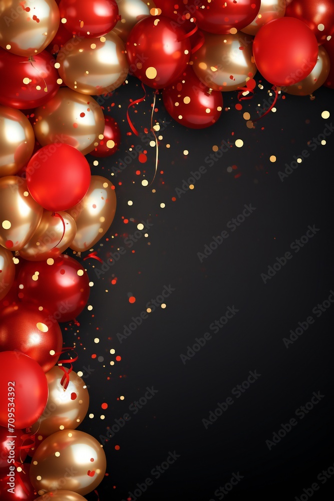 Celebration party banner background with red and gold balloons and confetti, with empty copy space Generative AI Celebration party banner background with red and gold balloons and confetti, with empty copy space Generative AI
