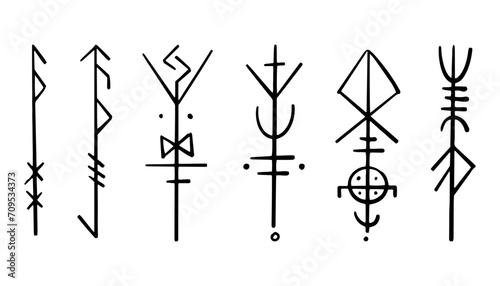 Nordic celtic runes, set norse protection symbols in doodle style, amulet, witchcraft signs on white background.