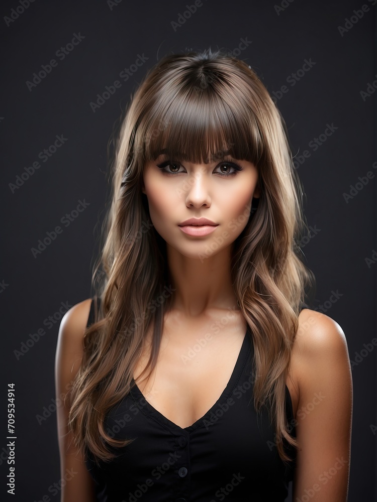 Portrait of beautiful women, full bangs hair, tshirt model posing in white background, Portrait of beautiful women, full bangs hair, tshirt model posing in white background,