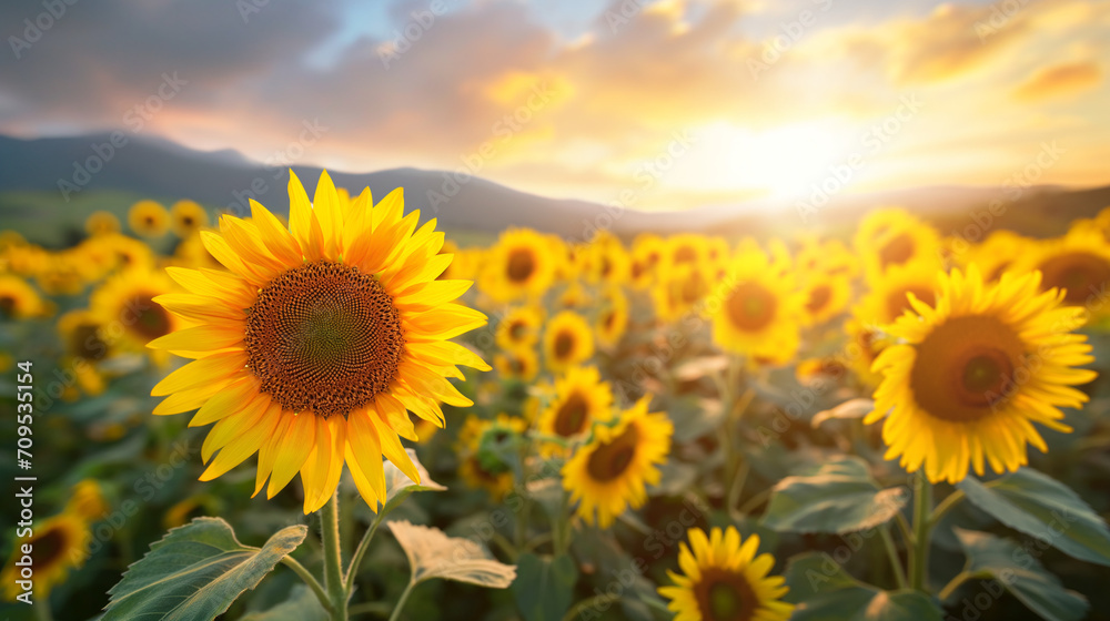 Field of blooming sunflowers on a background sunset