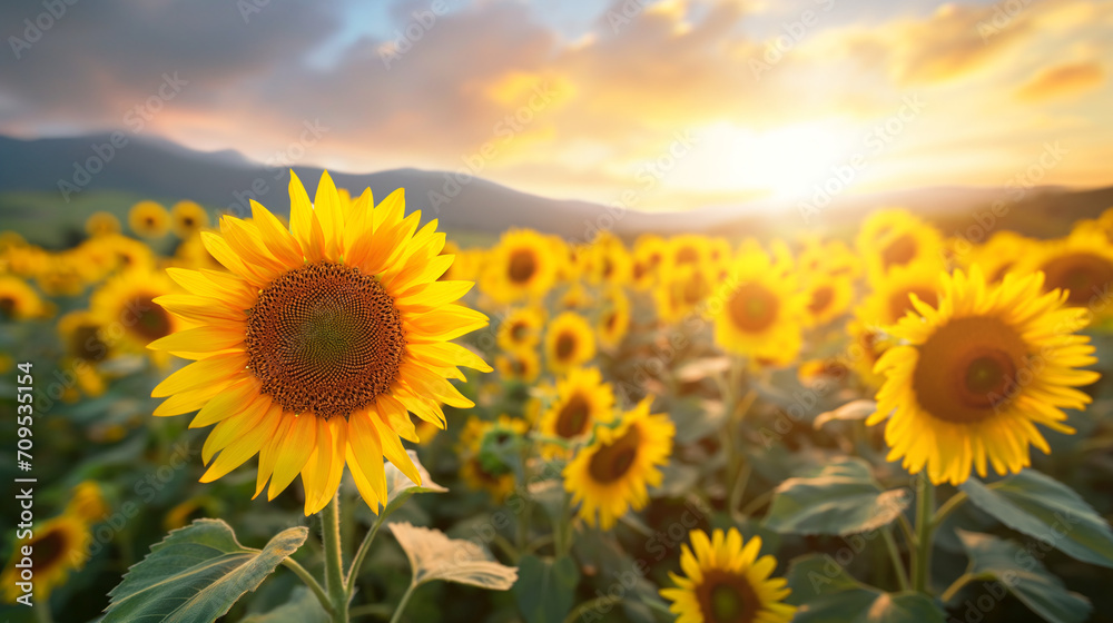 Obraz premium Field of blooming sunflowers on a background sunset