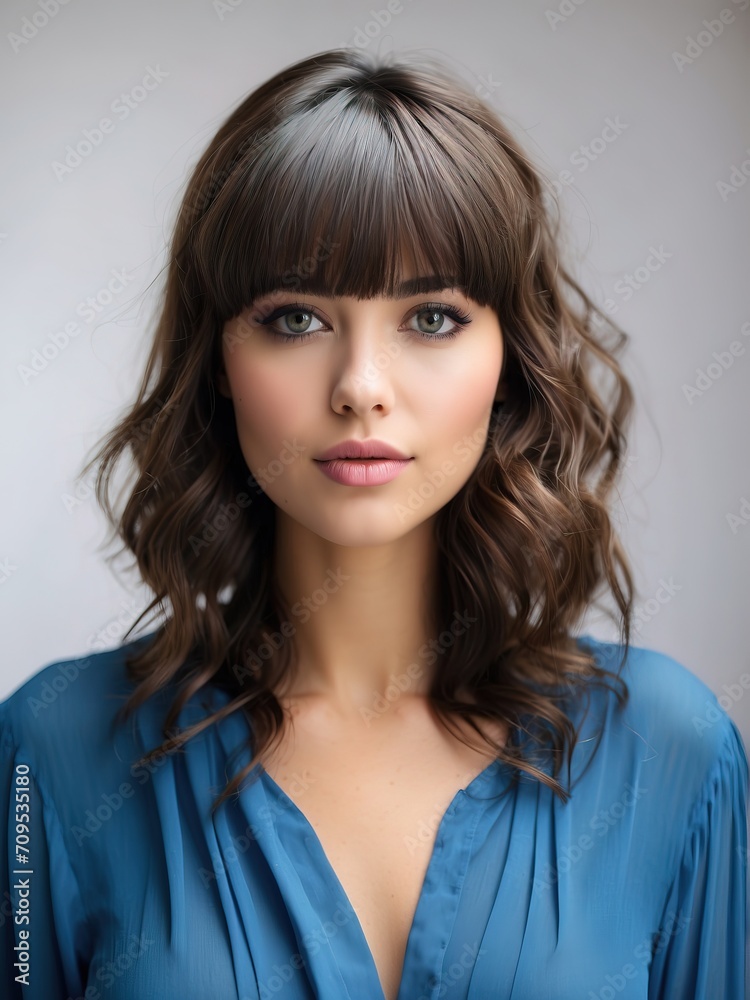 Portrait of beautiful women, full bangs hair, tshirt model posing in white background, Portrait of beautiful women, full bangs hair, tshirt model posing in white background,