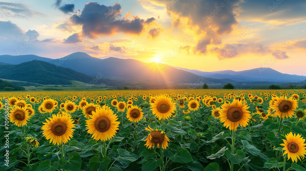 Obraz premium Field of blooming sunflowers on a background sunset