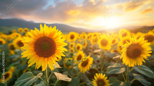 Field of blooming sunflowers on a background sunset