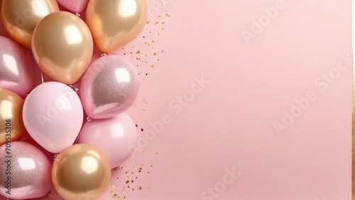 pink background with balloons confetti and gift boxes pink theme Birthday Backdrop, Valentine's Day concept. love design backdrop. 