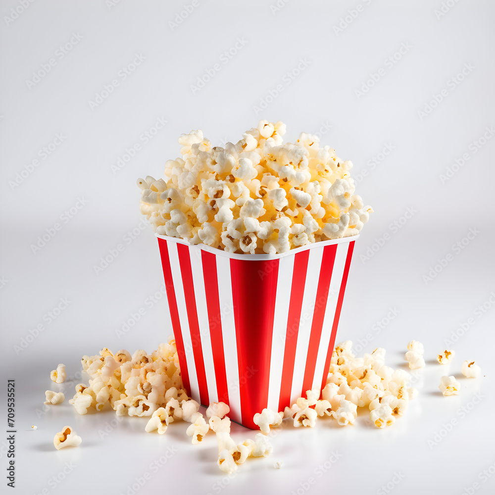 Popcorn bucket ,red white paper bucket full of popcorn, bag or cup packaging of white and red striped paper with popped kernels of corn and maize, isolated white background Popcorn bucket ,red white paper bucket full of popcorn, bag or cup packaging of white and red striped paper with popped kernels of corn and maize, isolated white background