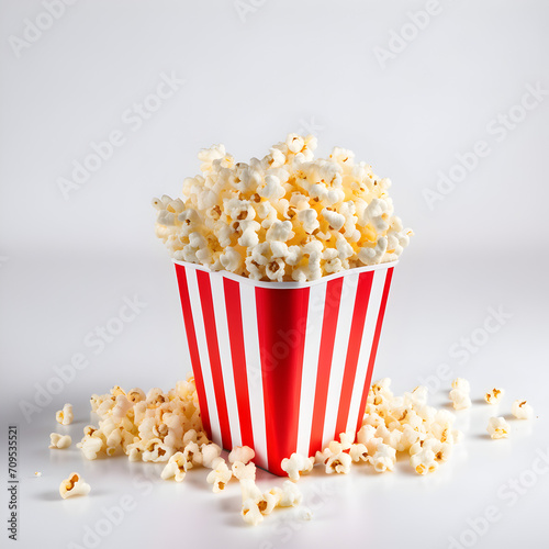 Popcorn bucket ,red white paper bucket full of popcorn,  bag or cup packaging of white and red striped paper with popped kernels of corn and maize, isolated white background