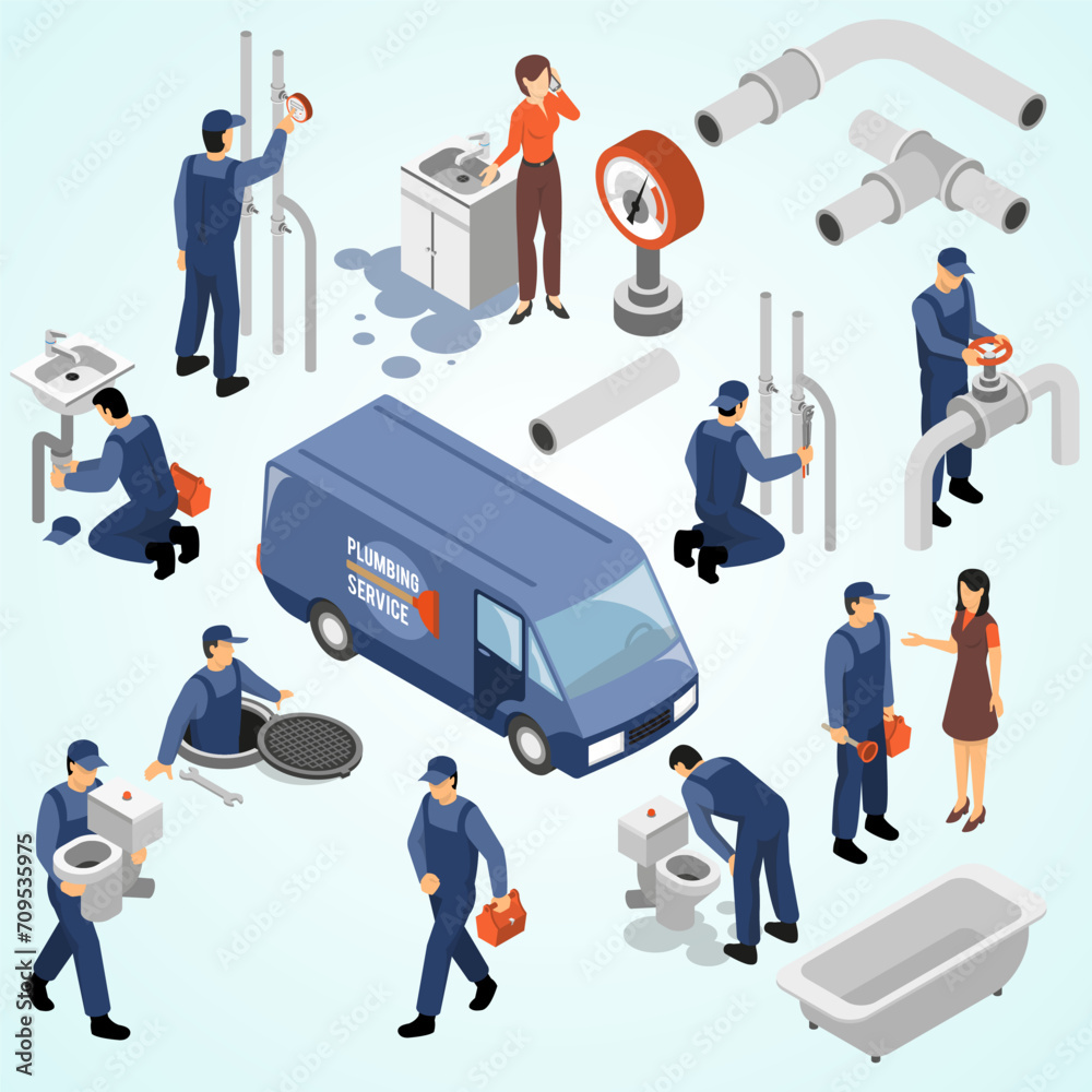 plumber isometric icons set clog bath emblem leakage pincers plumber isometric icons set clog bath emblem leakage pincers