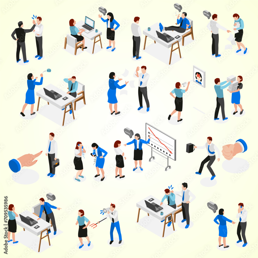 bad boss isometric icon set bad manager scolds shouts beats his subordinates vector illustration