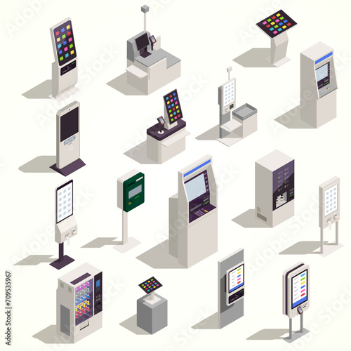 isometric icons set with interfaces information board self checkout atm food kiosk isolated white