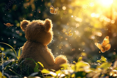 Teddy bear sitting in a sunlit garden surrounded by butterflies in mid-flight creating a serene and magical moment between the cuddly companion and the graceful insects © Teddy Bear