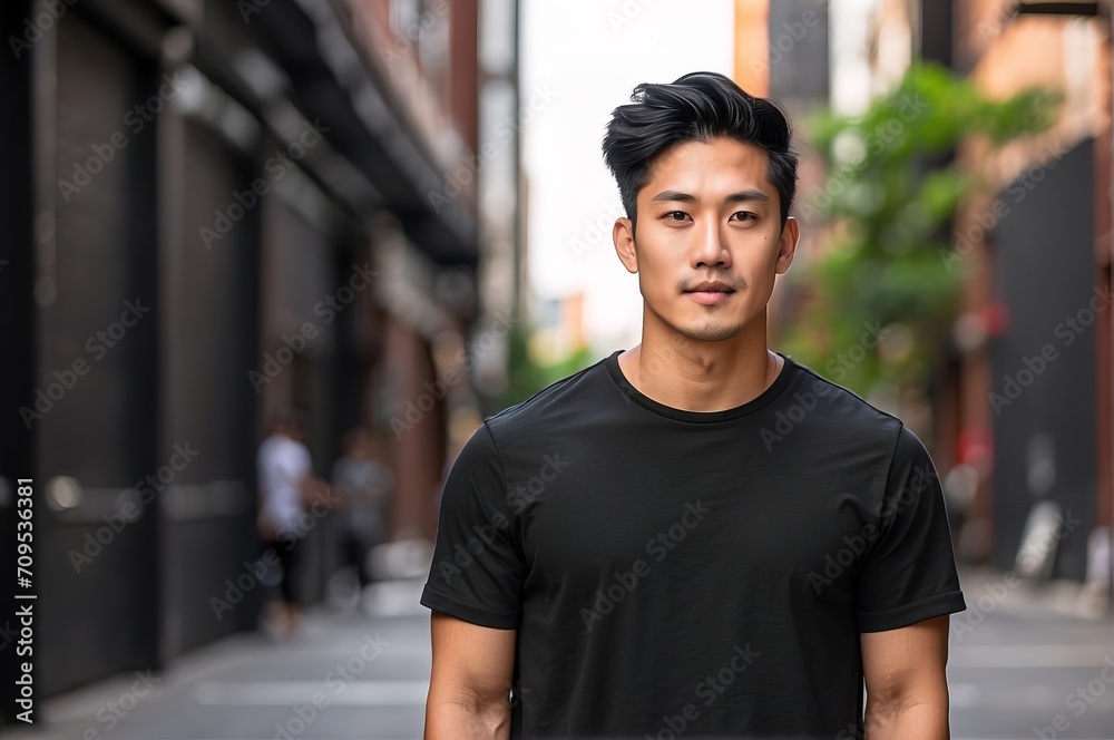 Young athletic asian men wearing black blank mockup tshirt on a blurred urban background