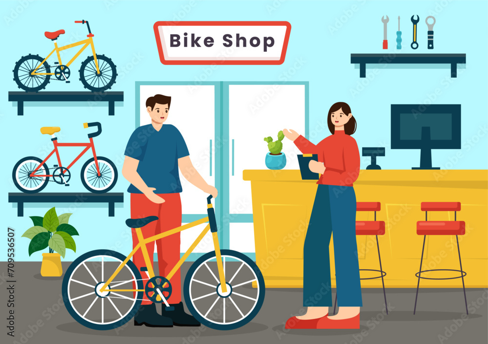 Bike Shop Vector Illustration with Shoppers People Choosing Cycles, Accessories or Gear Equipment for Riding in Flat Cartoon Background Design Bike Shop Vector Illustration with Shoppers People Choosing Cycles, Accessories or Gear Equipment for Riding in Flat Cartoon Background Design