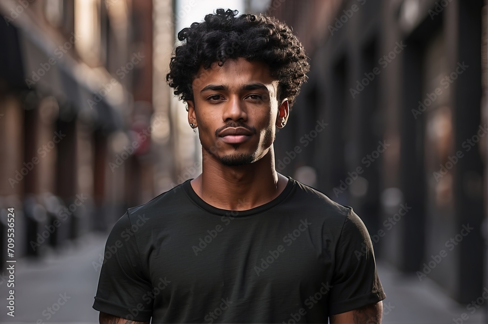Fototapeta premium Young athletic black men wearing black blank mockup tshirt on a blurred urban background