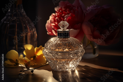 A closed book with a colorful dust jacket sits on a wooden table next to a glass perfume bottle and a crystal vase filled with pink roses.