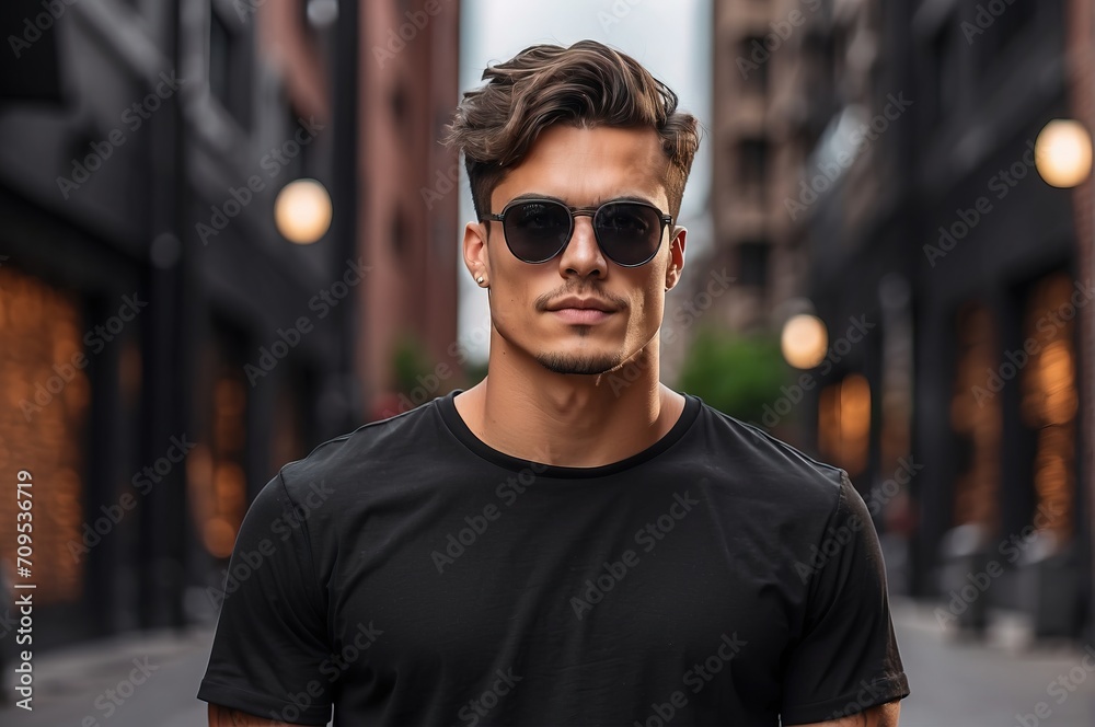 Young athletic men wearing black blank mockup tshirt on a blurred urban background