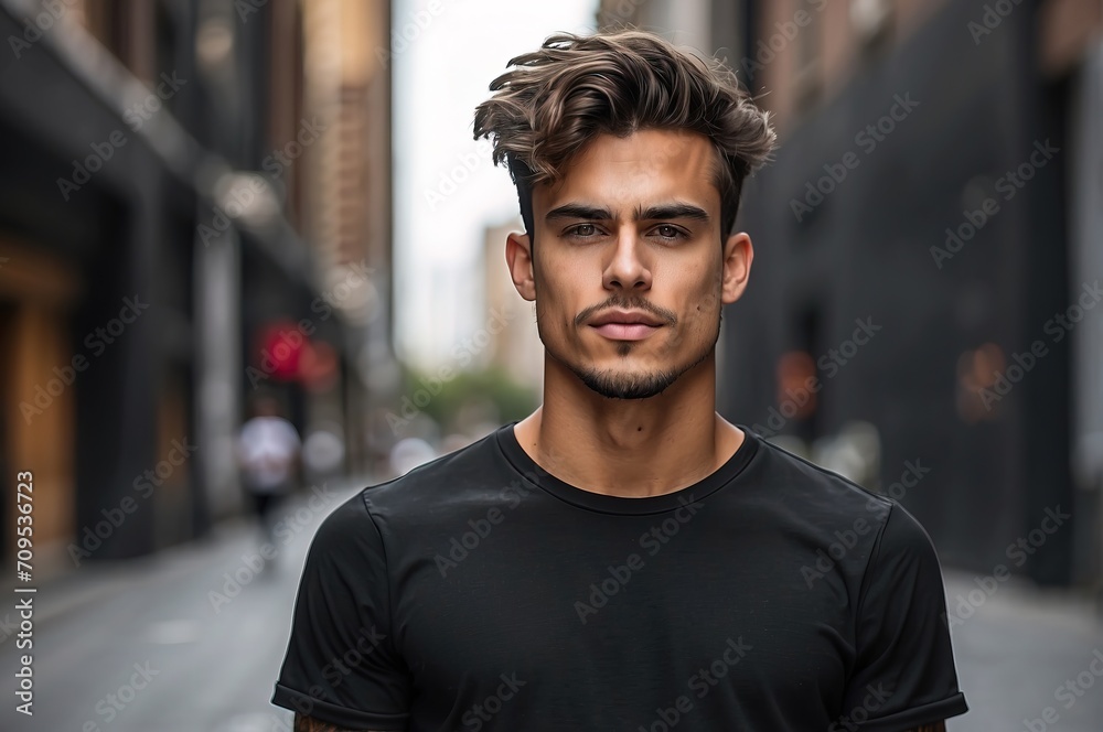 Young athletic men wearing black blank mockup tshirt on a blurred urban background