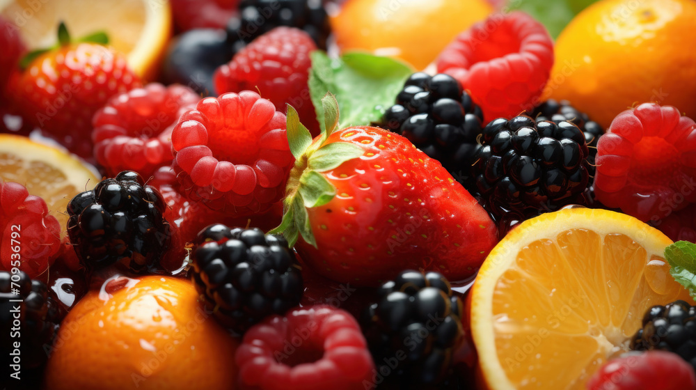 A close-up image capturing the freshness and vivid colors of mixed berries and citrus fruits, with droplets of water enhancing their appeal. A close-up image capturing the freshness and vivid colors of mixed berries and citrus fruits, with droplets of water enhancing their appeal.