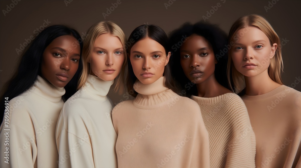 Fototapeta premium Group portrait of five women, Diverse group, Studio shot of multiracial group