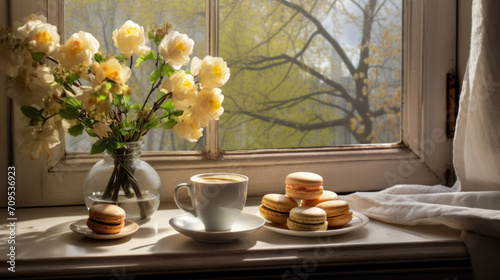 A tranquil scene featuring a cup of coffee and colorful macarons on a window sill, beside a vase of fresh yellow flowers, with sunlight streaming in.